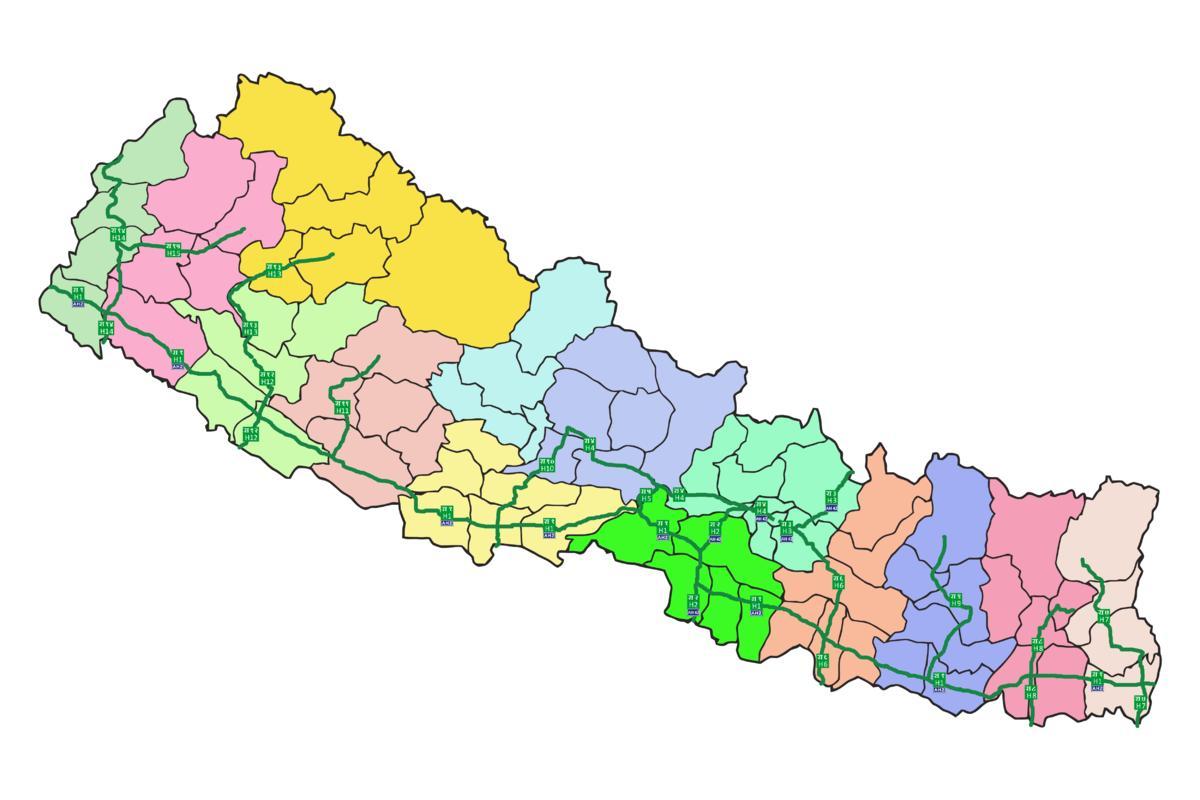 Kort af nepal með helstu þjóðvegum