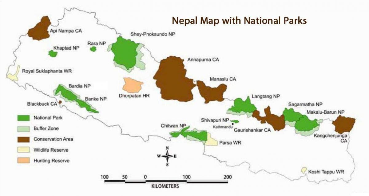 Kort af nepal með national garður