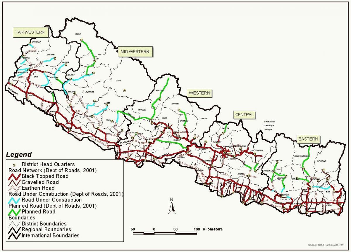 Kort af nepal hratt lag veginum