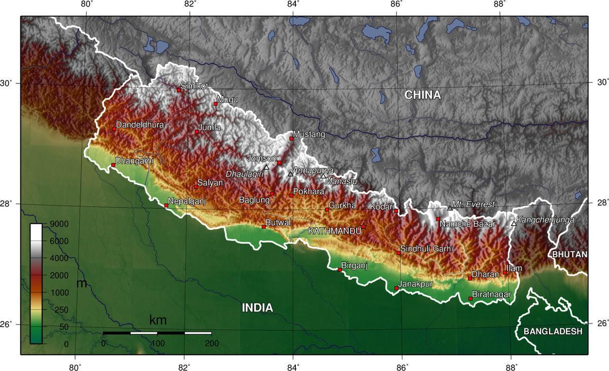 nepal hæð kort
