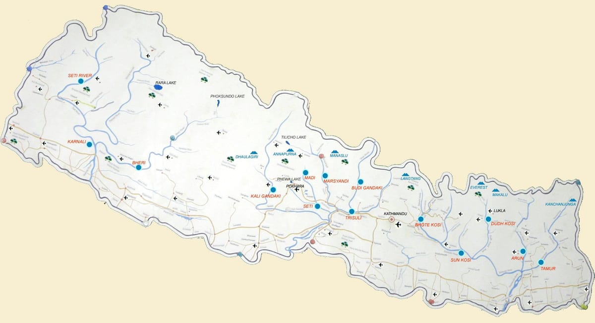 kort af nepal með vötnum