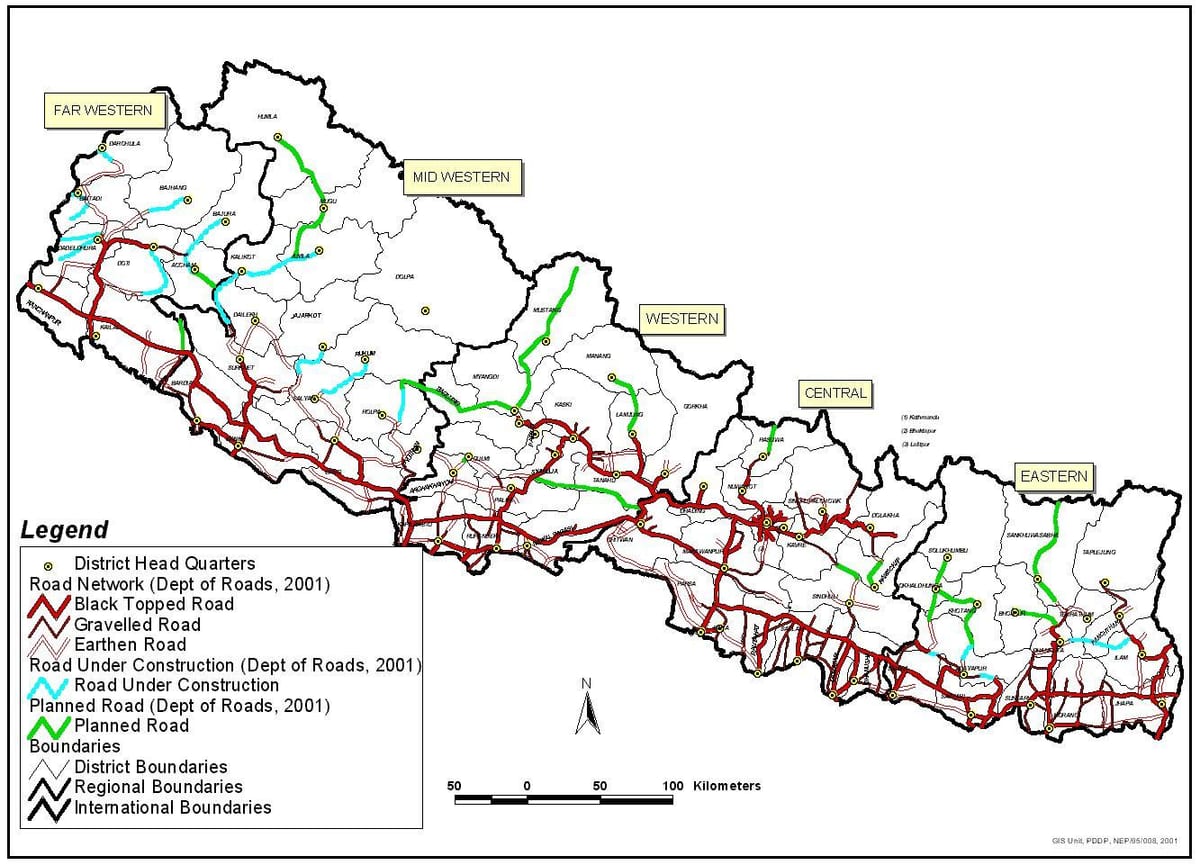 Kort af veginum nepal við hverfum